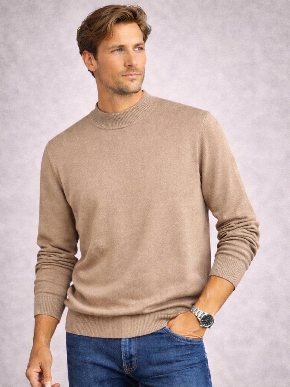 Jeff Beige Mock Neck Knit Sweater Men's Soft Minimalist Cotton Acrylic Pullover